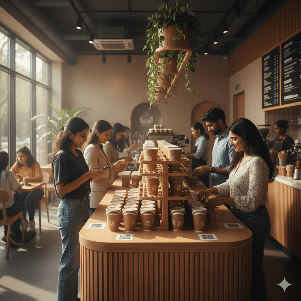 Community cafe using a QR-based reusable cup return station illustrating a circular economy system