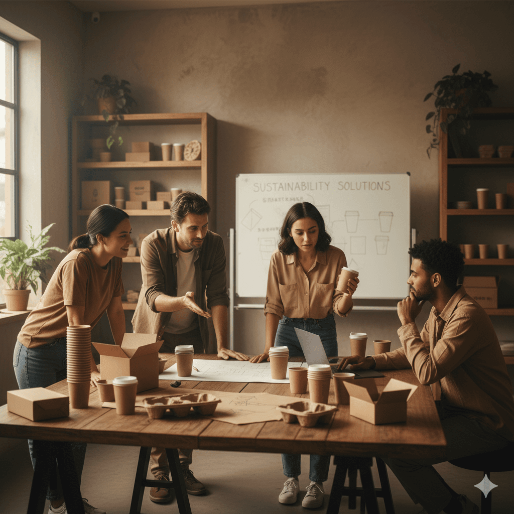 Urban street with packaging waste contrasted by a reusable brown eco-friendly cup symbolizing sustainable change