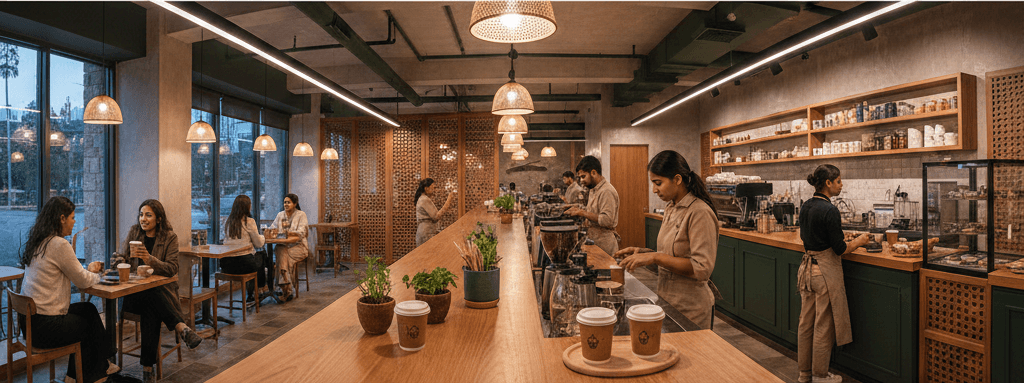 Panoramic cafe interior serving beverages in custom-branded brown reusable cups