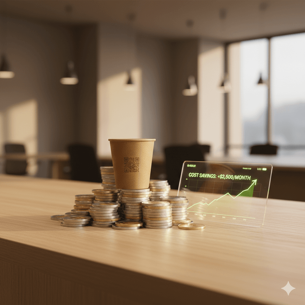 Brown reusable cup displayed in a cafe setting symbolizing cost savings and improved profitability