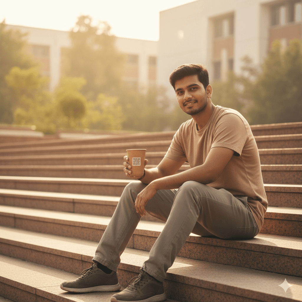 College student relaxing outdoors while holding a brown reusable eco-friendly cup