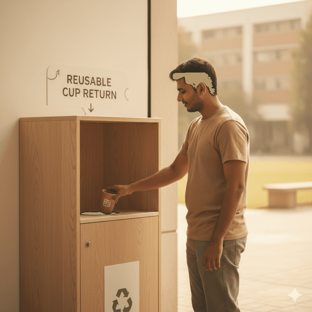 Student placing a brown reusable cup into a designated campus return station