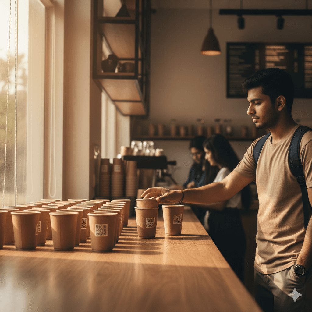 Student picking up a brown reusable cup at a campus cafe counter