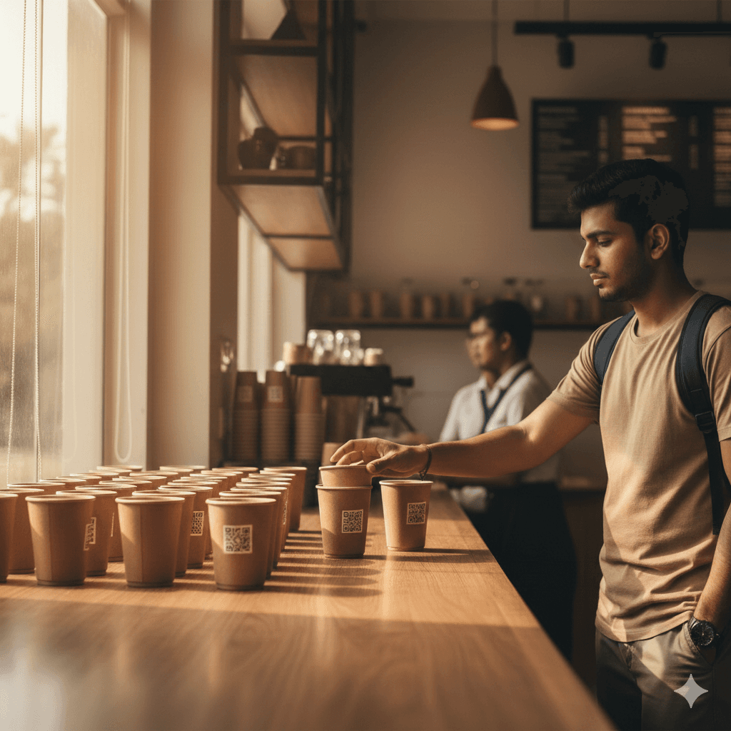 Student picking up a brown reusable dish with QR code at a campus canteen counter